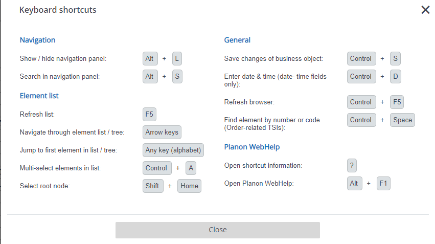 Screen shot of the keyboard shortcuts