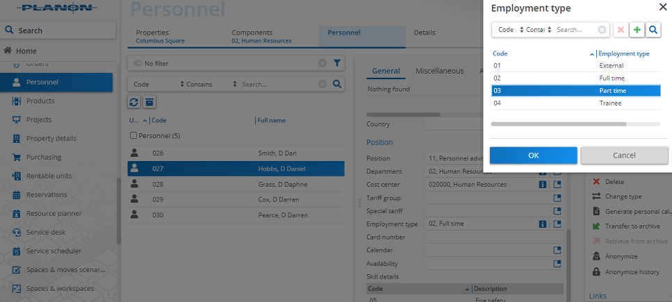 Screen capture displaying changing the employment type