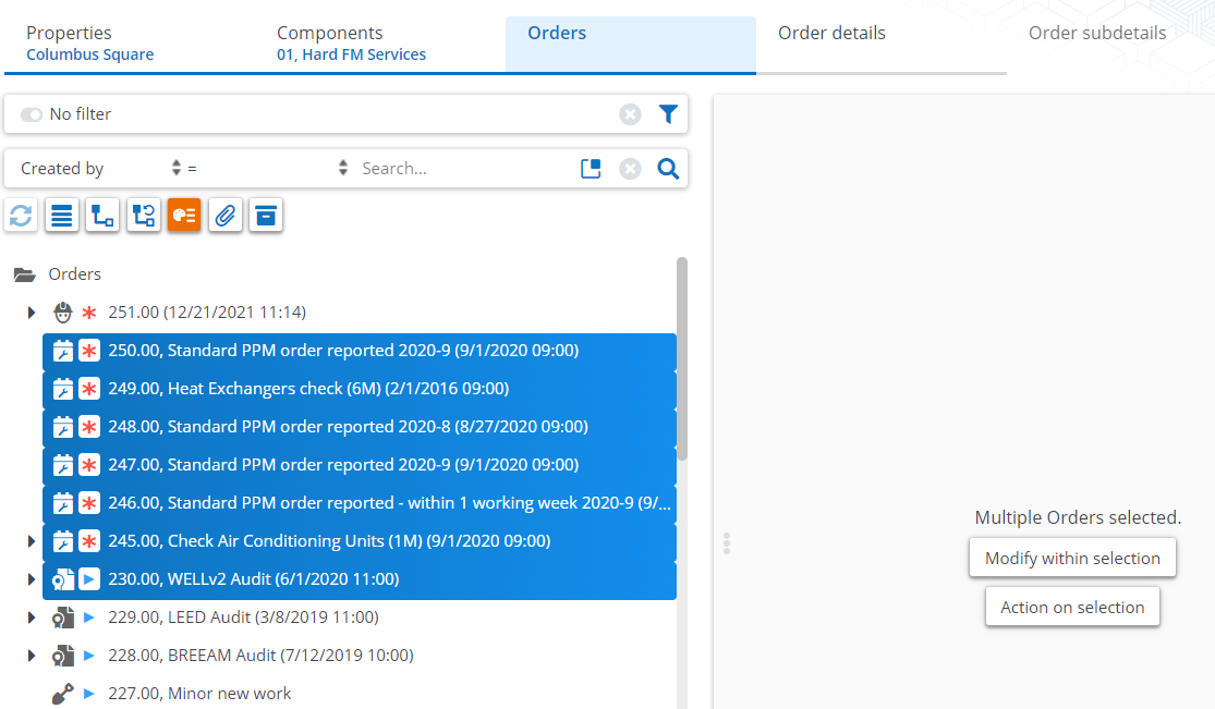 Work orders screen showing multiple items selected in the elements panel