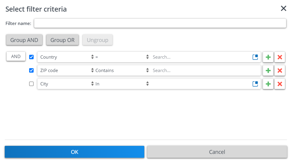 Screen capture of the Select filter dialog box that demonstrates the usage of filters