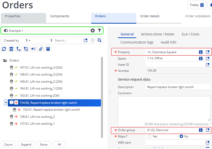 Screen capture displaying orders with applied filter-example 1