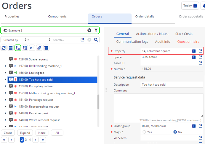 Screen capture displaying orders with applied filter-example 2