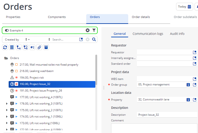 Screen capture displaying orders with applied filter-example 4