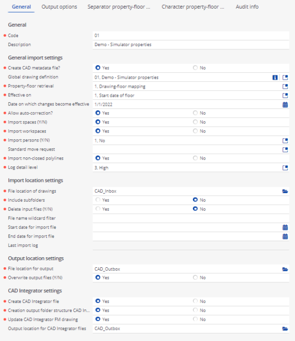 CAD import definition settings